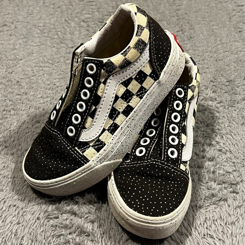 Vans Old Skool Sneakers Kids 10.5 Black Checkered Polka Dot Glitter Skate Shoes